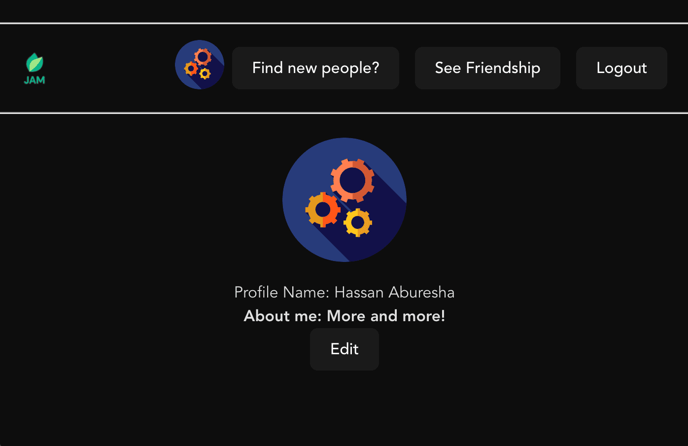 jam social network platform logged in profile page, avatar and bio