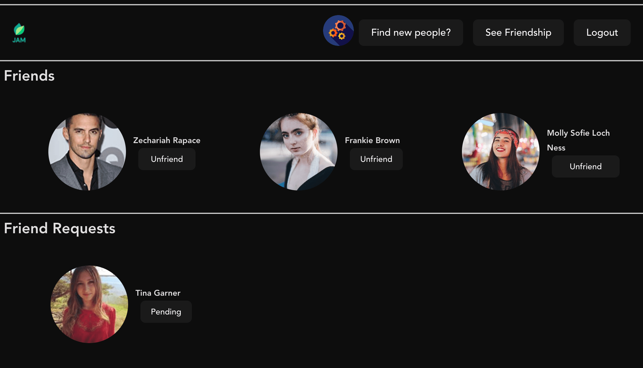 jam social network platform logged in experience, existing friends and friendship requests